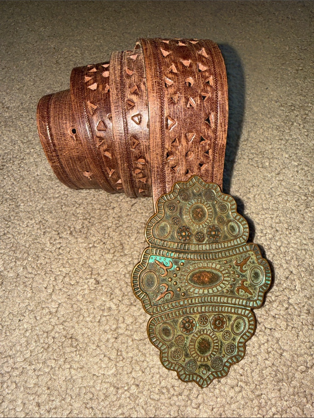 Handcrafted Brown Leather Belt with Ornate Antique copper Buckle